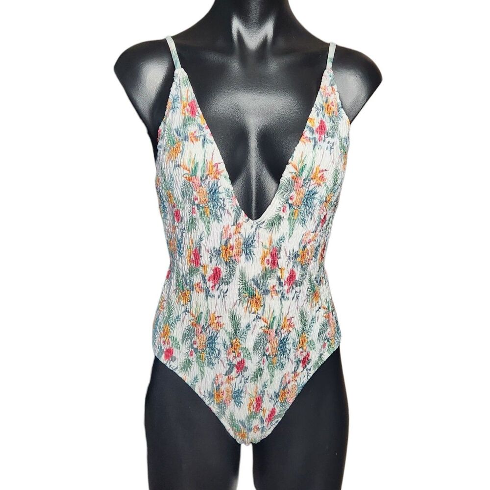 Floral Swimsuit Size 2 Deep V Neck One-Piece Adjustable Straps Stretch White
